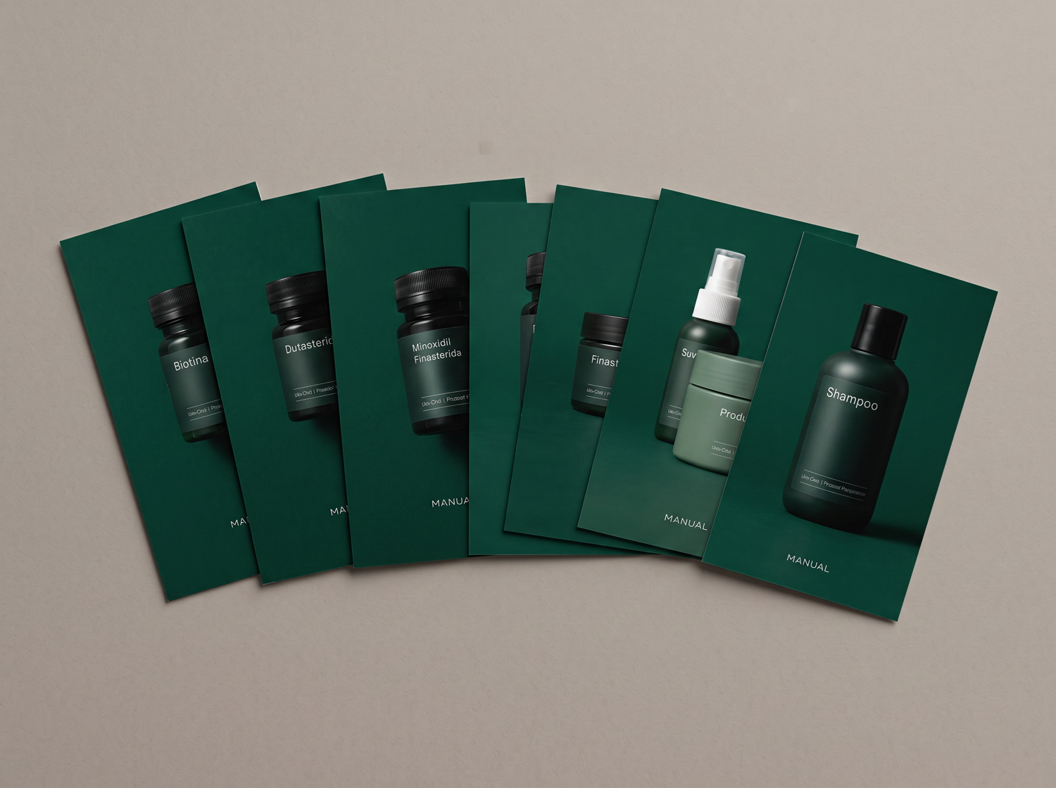 Mockup dos oito cards de produto espalhados